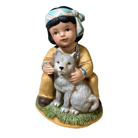 Homco Art Bisque Porcelain Native American Boy Figurine With Wolf Cub 1428 - Picture 2 of 13